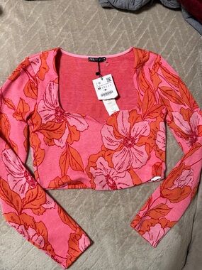 Zara Pink & Orange Floral Sweetheart Crop Top